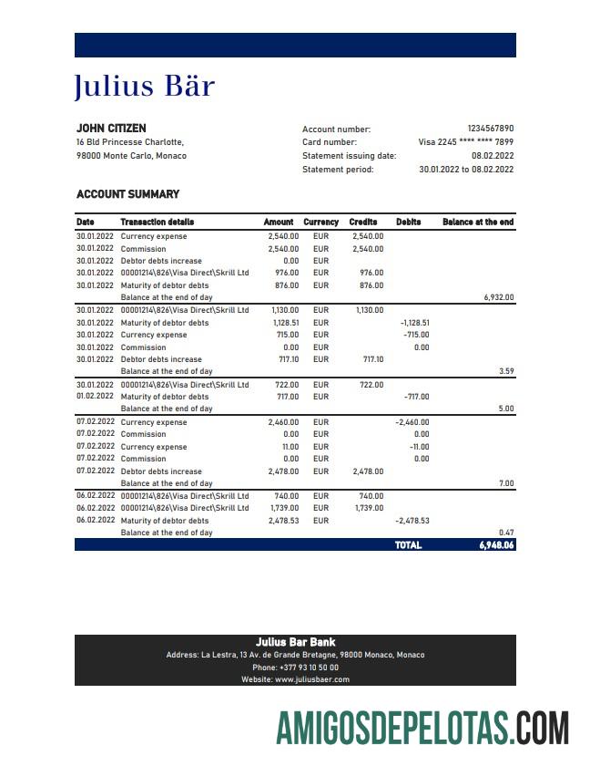 Monaco Julius Bar Extrato Bancário Xls modelo